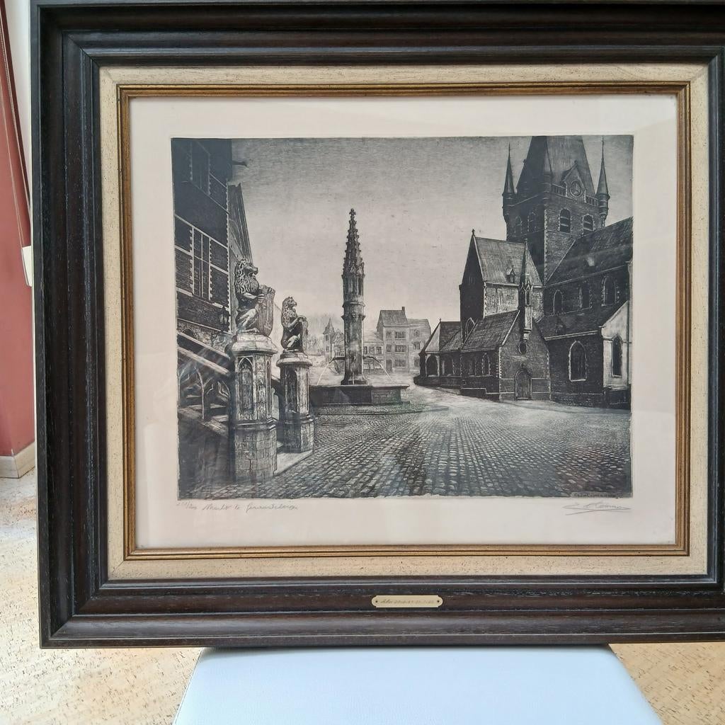 Ets lithografie Emiel De Cooman 1956 Markt Geraardsbergen, Antiek en Kunst, Ophalen of Verzenden