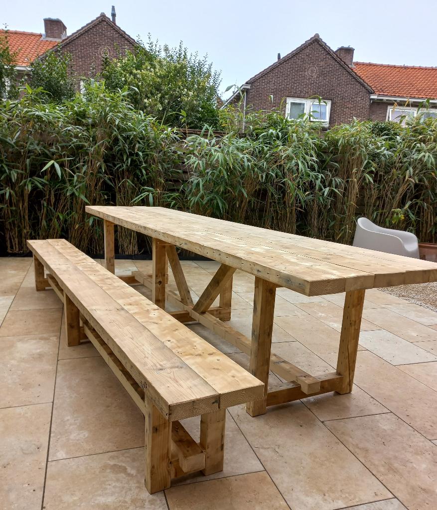 Zeer grote picknicktafel tuintafel balken sloophout op maat., Tuin en Terras, Tuintafels, Ophalen of Verzenden, Nieuw, Hout