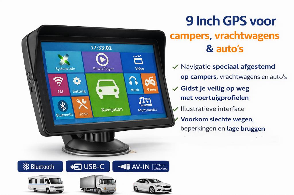 Actie! 9' Camper, Vrachtwagen GPS Europa Q4.2025 .BLUETOOTH, Info@drktech.be, Oosterwennel 35 Genk, Nieuw, Ophalen of Verzenden