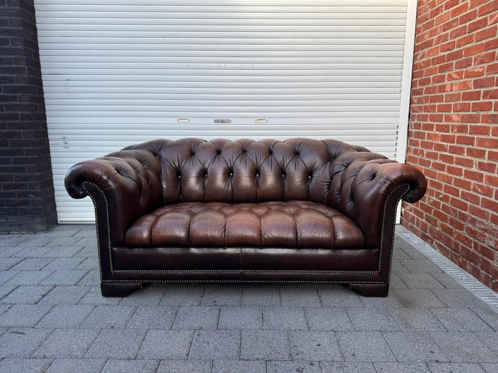 Vintage Chesterfield 2-Zits in Echt Leer, Enlèvement, Utilisé, Deux personnes, Cuir