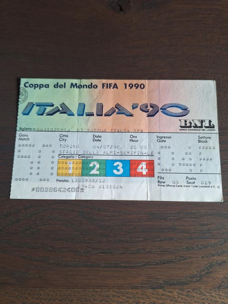 Ticket halve finale WK Italie West-Duitsland- Engeland 1990, Tickets en Kaartjes, Sport | Voetbal