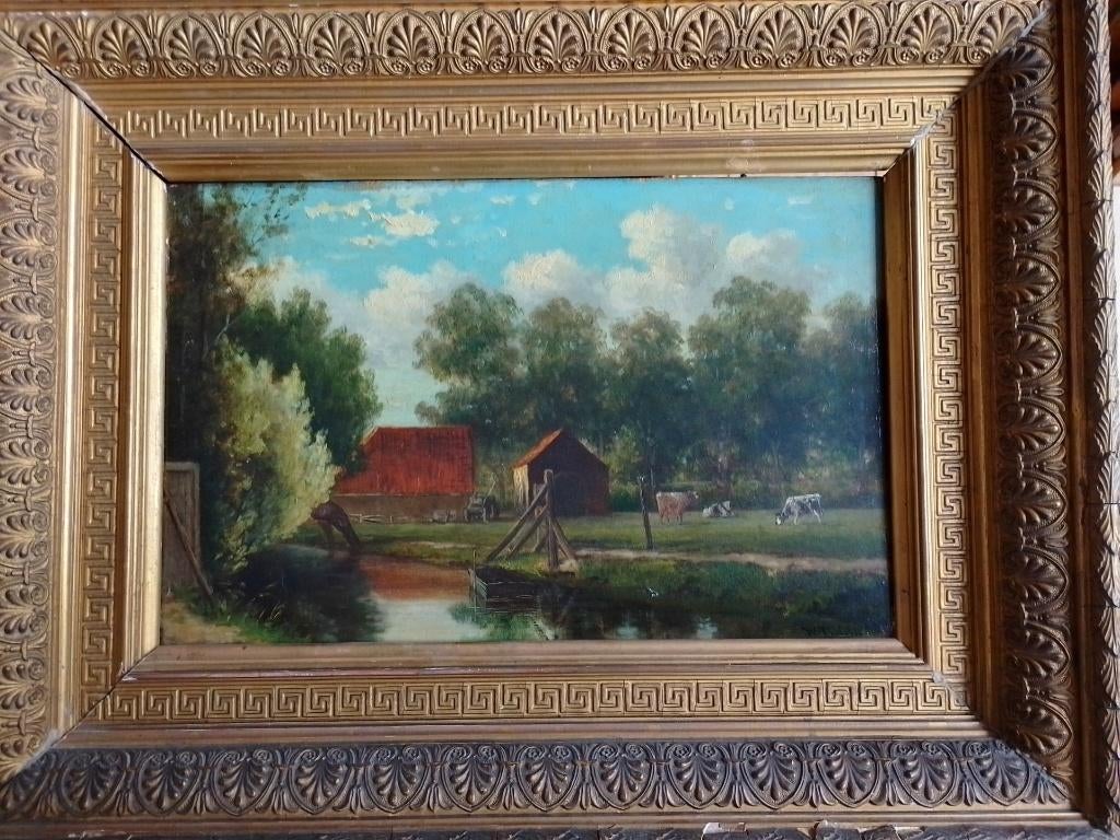 Willem Roelofs  1822 - 1897  Landschap met hoeve en koeien, Enlèvement ou Envoi