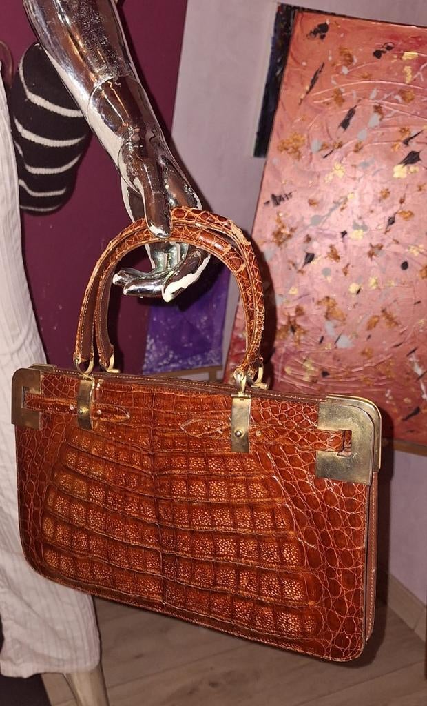 Sac à main Vintage Luxe – Cuir Façon Crocodile / Croco, Enlèvement ou Envoi, Brun, Sac à main