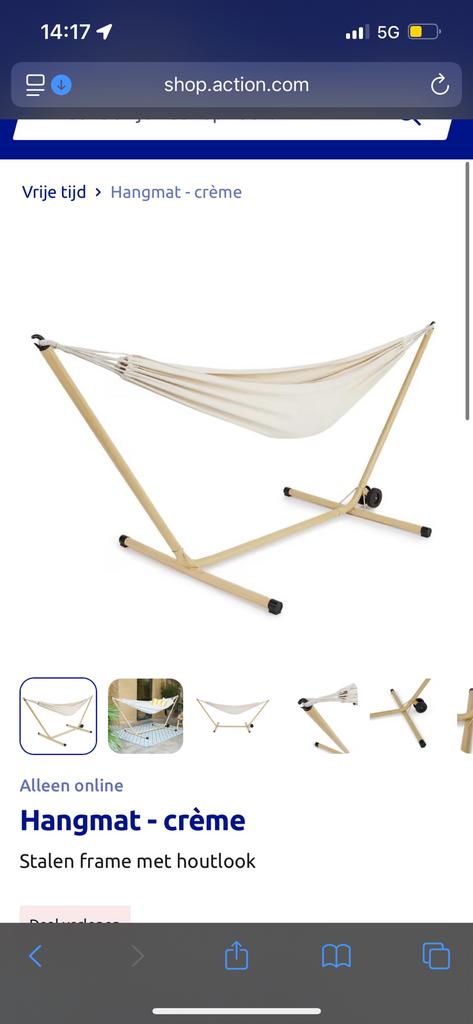 Hangmat met standaard Beige - Crème - Houtlook - Action, Tuin en Terras, Ophalen, Gebruikt, Met standaard