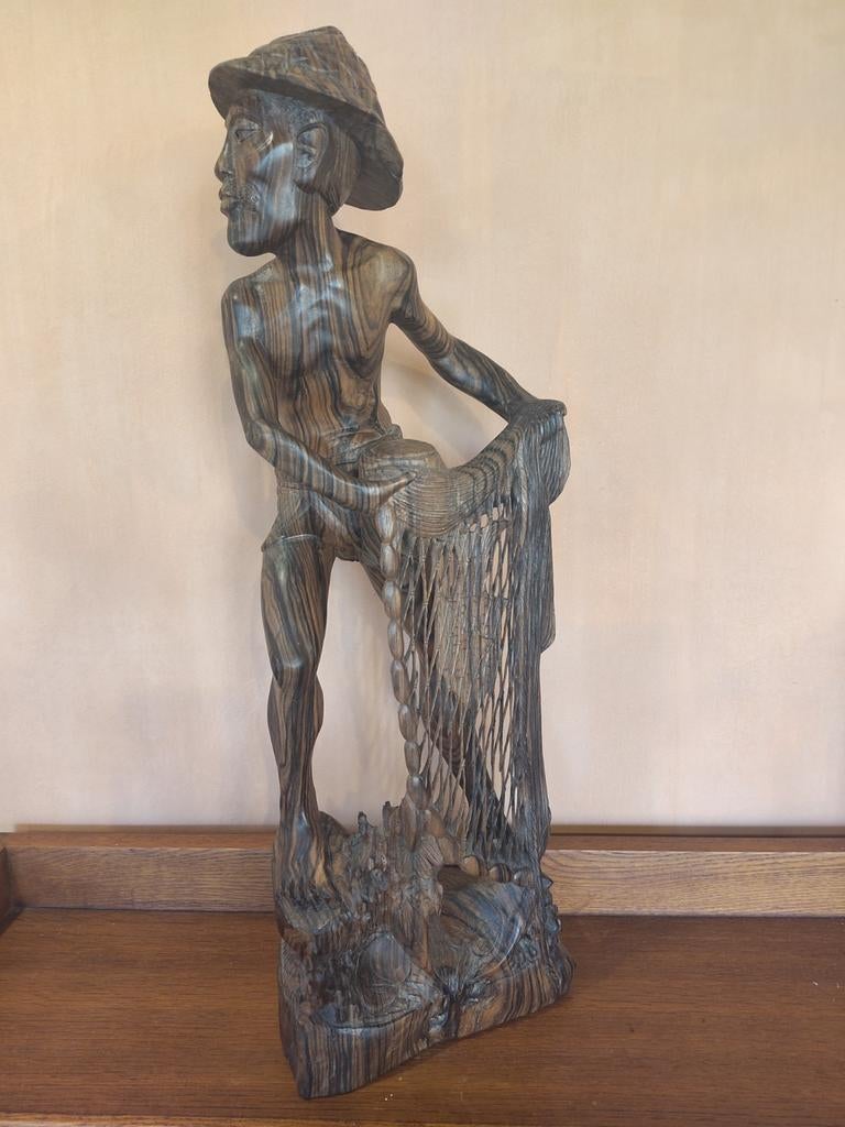 Hardhouten beeld van Aziatische visser, Antiek en Kunst, Ophalen