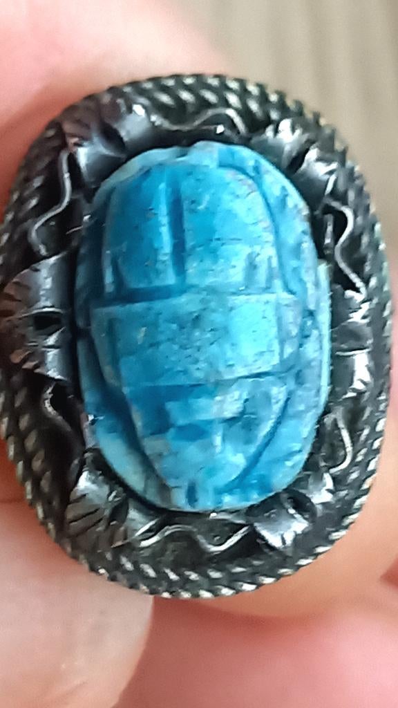 ancien Bague en argent massif scarabée Egyptienne, Handtassen en Accessoires, Antieke sieraden, Ophalen of Verzenden, Zilver, Ring