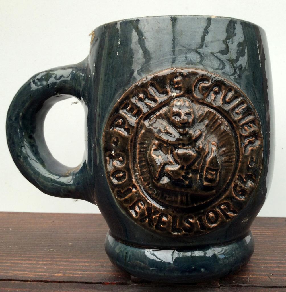 bier brouwerij kroes Perle Caulier excelsior grijsblauw, Verzamelen, Biermerken, Ophalen of Verzenden, Gebruikt