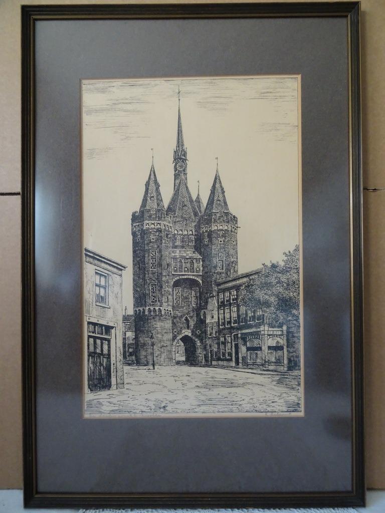 Litho K. Legrand De Sassenpoort te Zwolle in lijst 43x65cm, Antiek en Kunst, Kunst | Litho's en Zeefdrukken, Ophalen of Verzenden