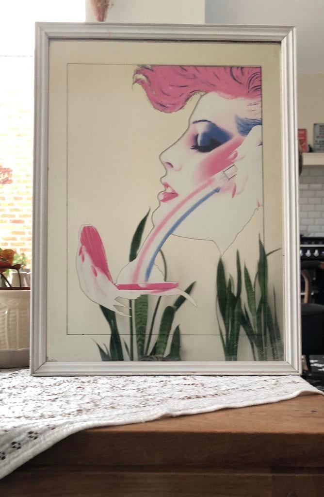 vintage spiegel jaren 80 print make-up girl, Minder dan 50 cm, Gebruikt, Ophalen of Verzenden, Minder dan 100 cm