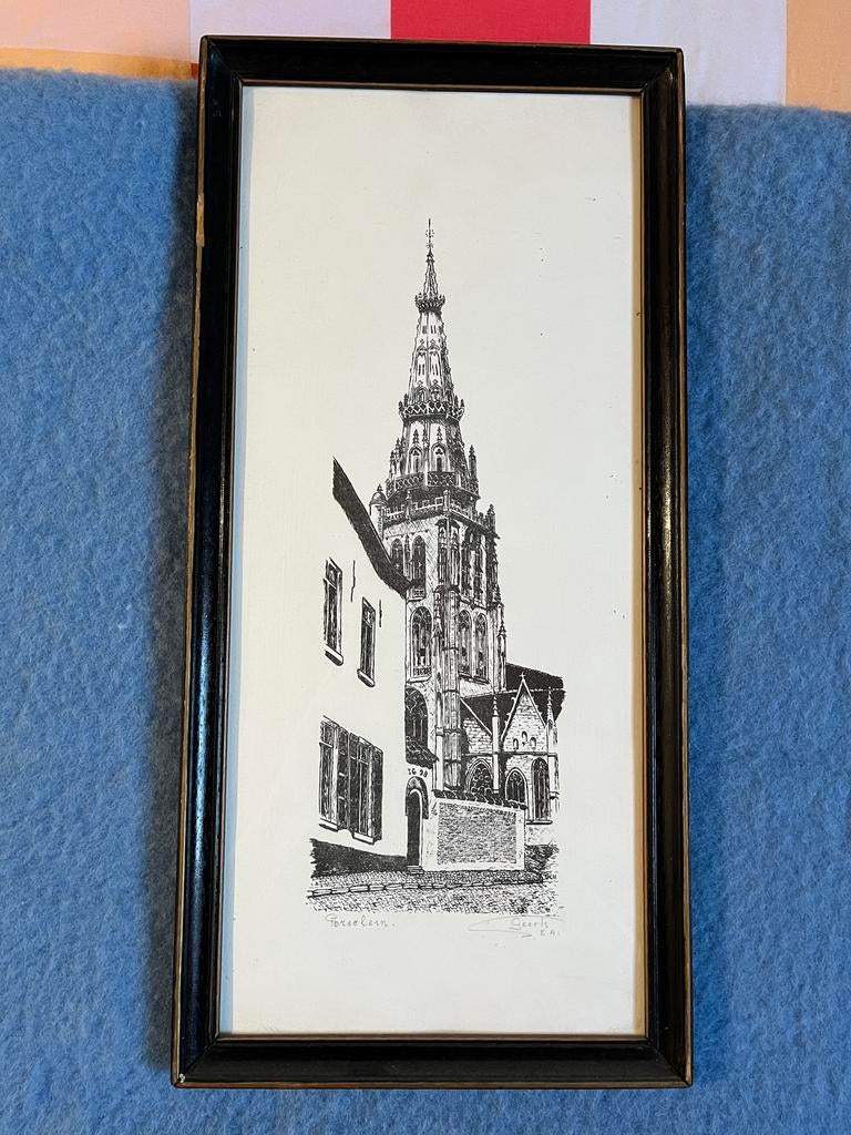 Gravure gesigneerd door Geerts - Gotische kerk in Vlaanderen, Ophalen of Verzenden