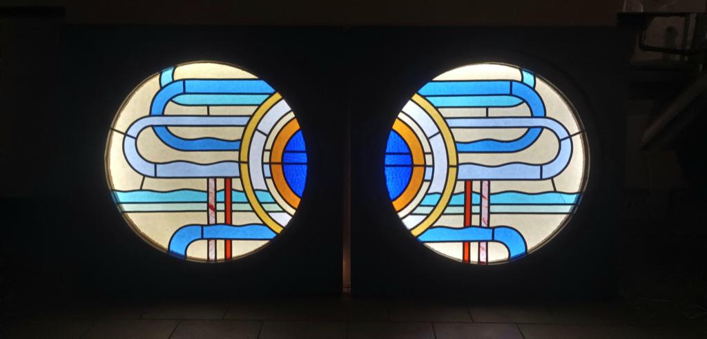 Uniek paar art deco glas in lood ramen 1930's-'40s, Ophalen