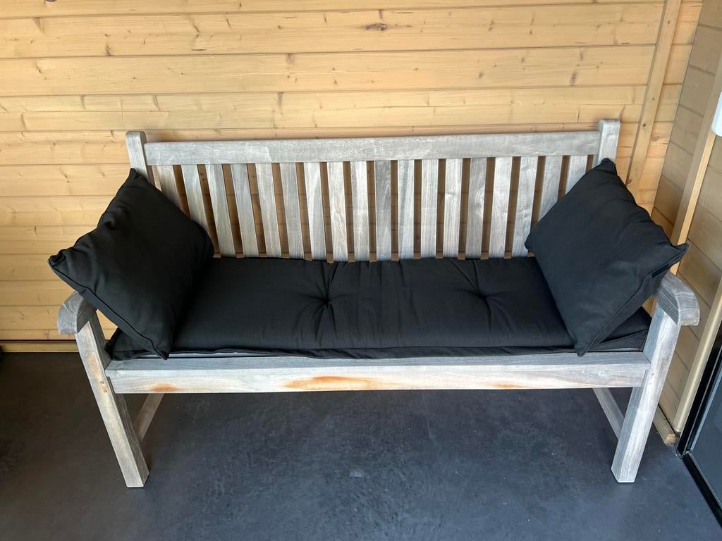 Tuinbank teak + kussens, Tuin en Terras, Tuinbanken, Ophalen, Zo goed als nieuw