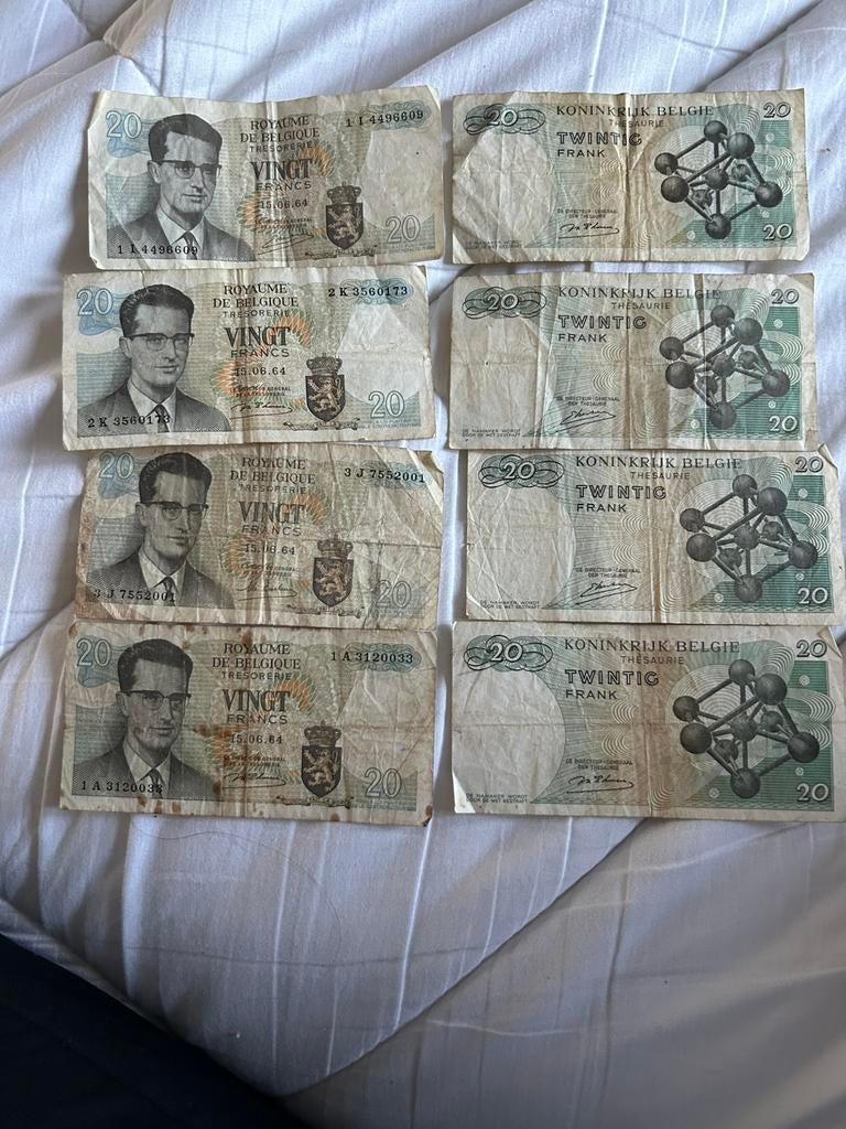 8 bankbiljetten van 20 frank uit 1964, Postzegels en Munten, Ophalen, Bankbiljetten