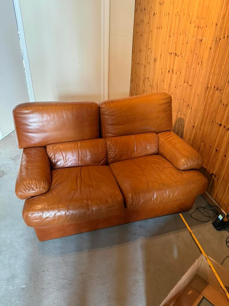 Canapé cuir véritable cognac 2 places – confortable, Enlèvement