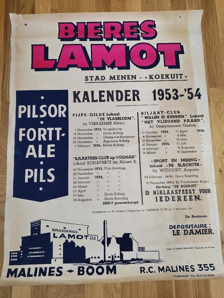 Affiche de la brasserie Lamot 1953, Collections, Enlèvement ou Envoi, Utilisé, Panneau publicitaire