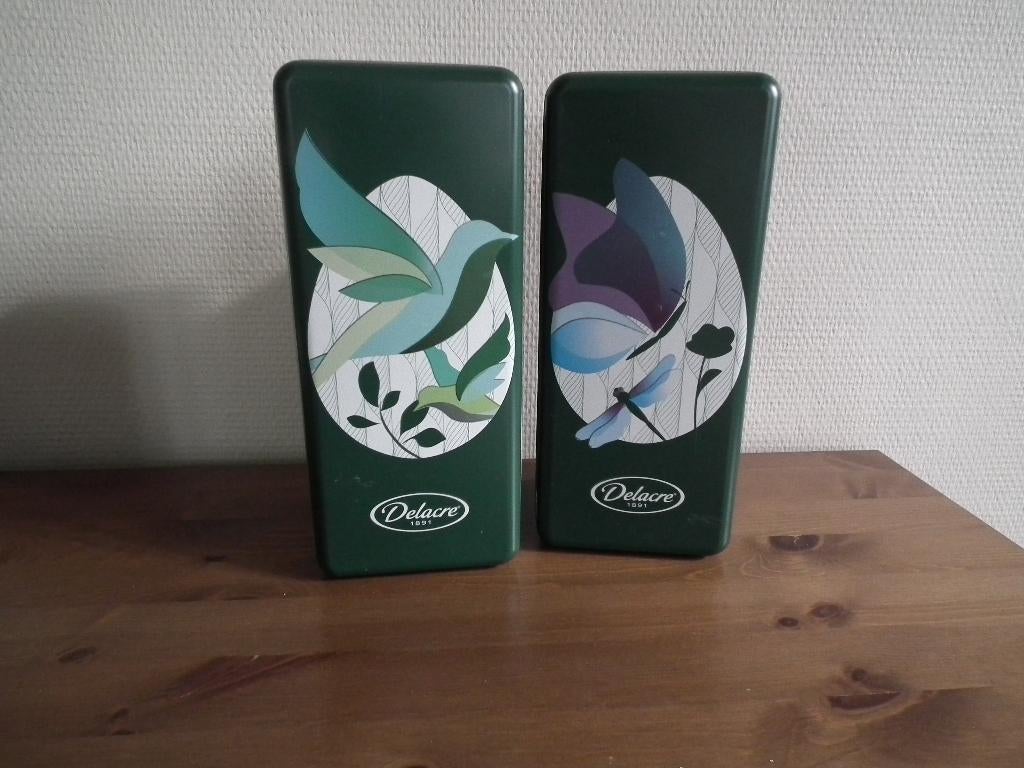 2 metalen dozen van Delacre (rechthoekig) L24/ l10,5/ H 10,5, Verzamelen, Blikken, Verzenden, Gebruikt, Koek(jes), Overige merken