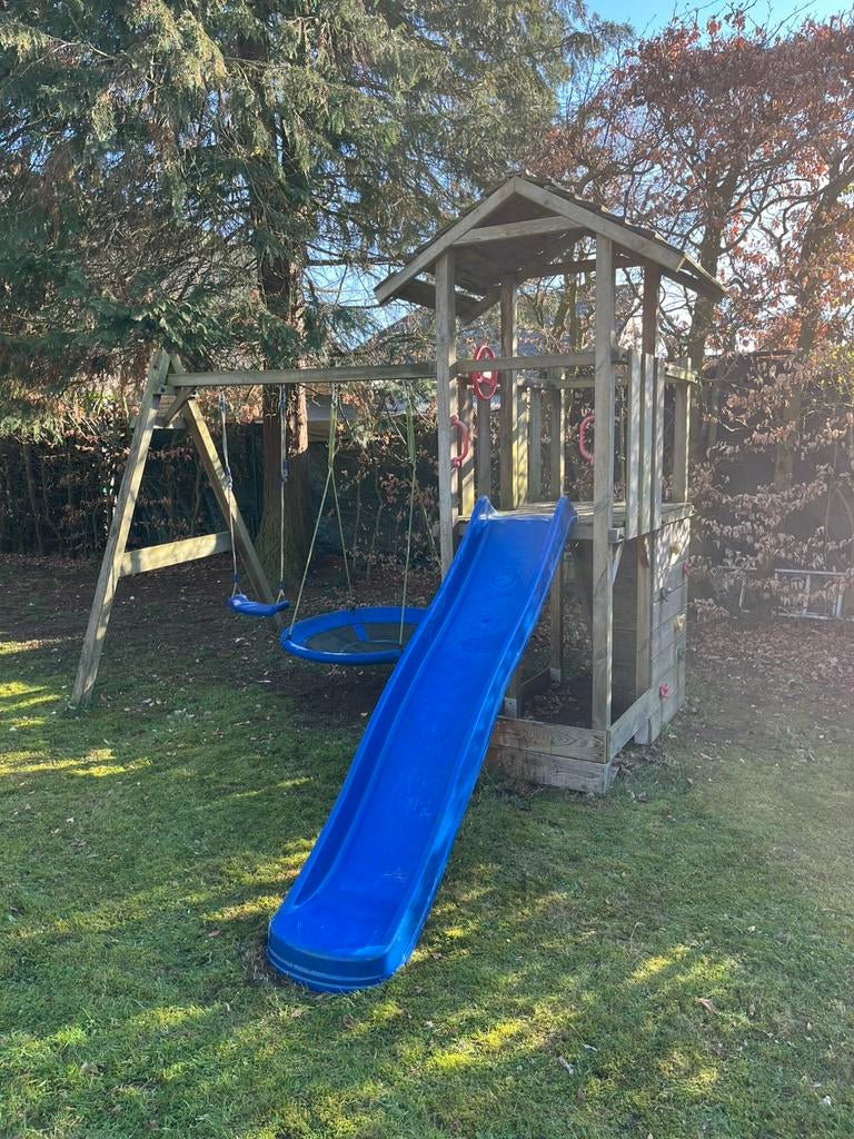 Speelhuisje met glijbaan, schommel en klimwand, Ophalen, Gebruikt, Schommel