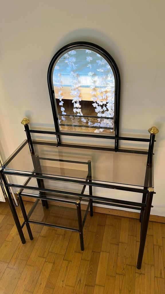 Spiegeltafel + glazen stoel / bijzettafel hollywood regency, Ophalen, Metaal of Aluminium, 100 tot 150 cm, 50 tot 100 cm