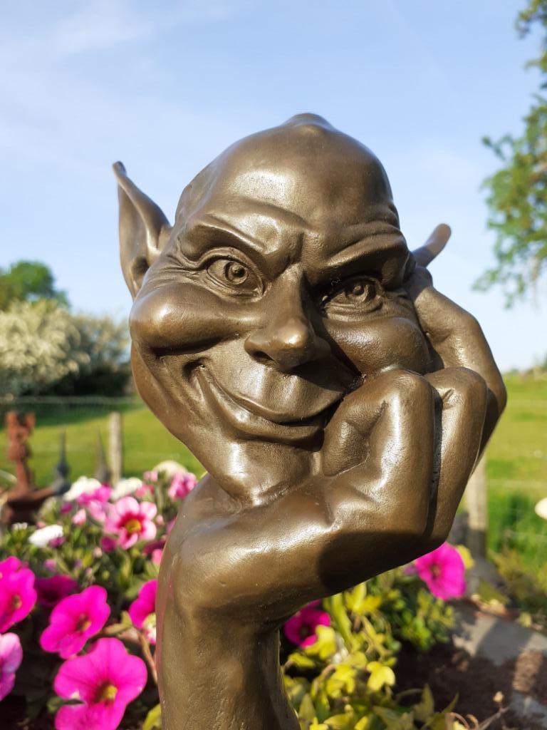 Troll, de slimme bronzen goblin gesigneerd op een marmeren s, Ophalen of Verzenden, Brons