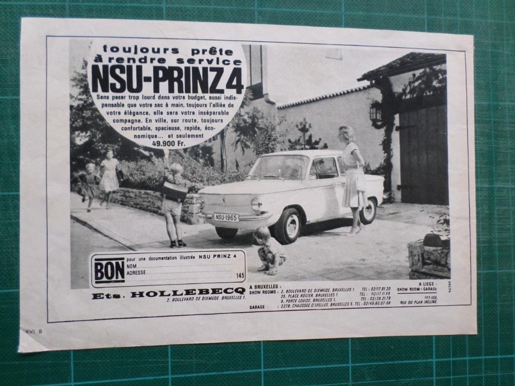 NSU - Prinz4 - publicité papier - 1965, Collections, Enlèvement ou Envoi, Utilisé, Autres types