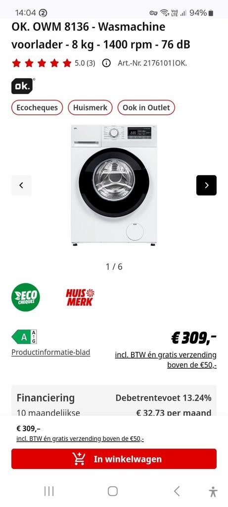 Wasmachine 8kg 1400t OK OWM 8136 A-10 INV Nieuw ongeopend., Ophalen