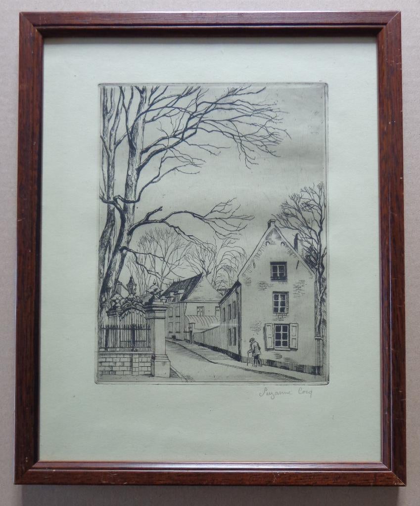 Delen SUZANNE COCQ / DORPSZICHT / ZW-W ETS / 32x26cm / KADER, Eau-forte, Enlèvement ou Envoi, Signé, Architecture