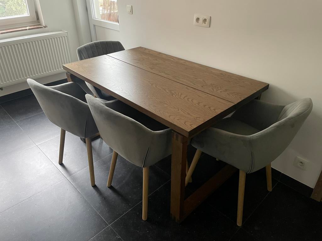 Table salle à manger IKEA Morbylanga + 4 chaises en velours, Enlèvement, Comme neuf
