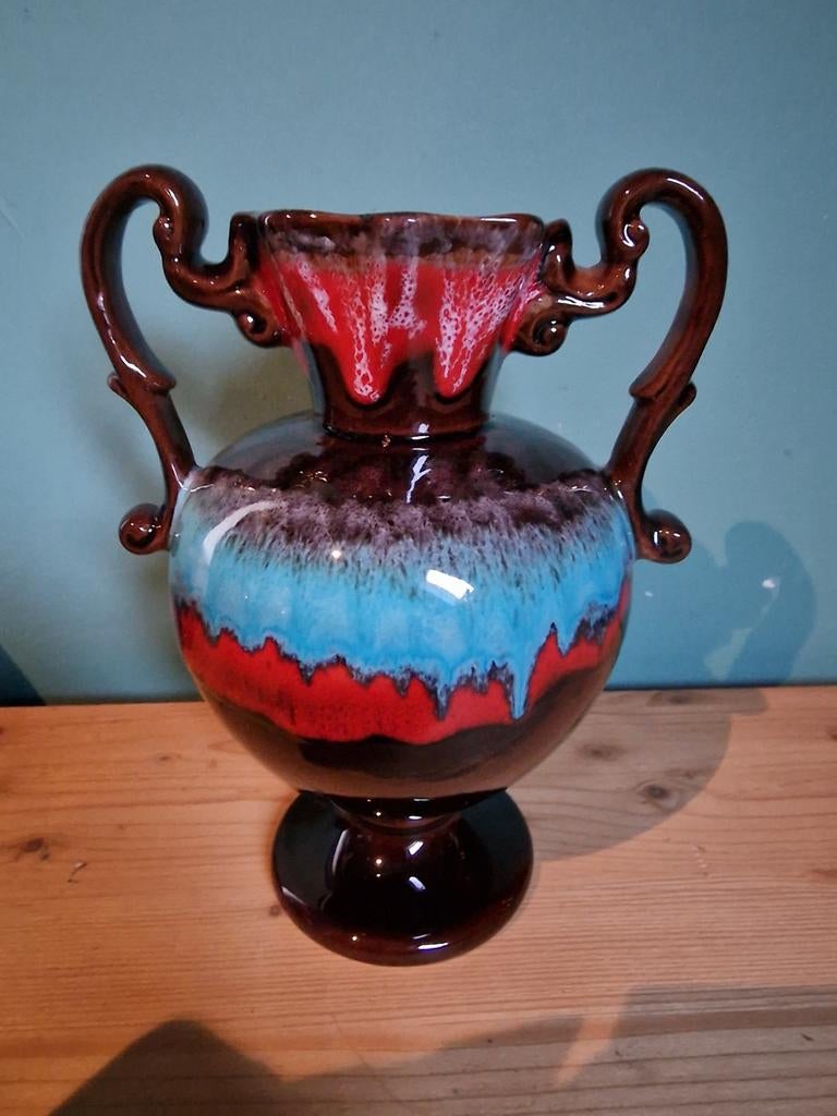 Vintage vaas in rood, bruin, blauw druipglazuur. jaren 60, Ophalen of Verzenden