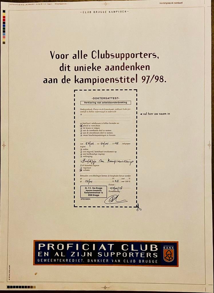 CLUB BRUGGE KAMPIOEN / SuperZeldzame Drukproef Topstaat, Verzamelen, Sportartikelen en Voetbal, Verzenden