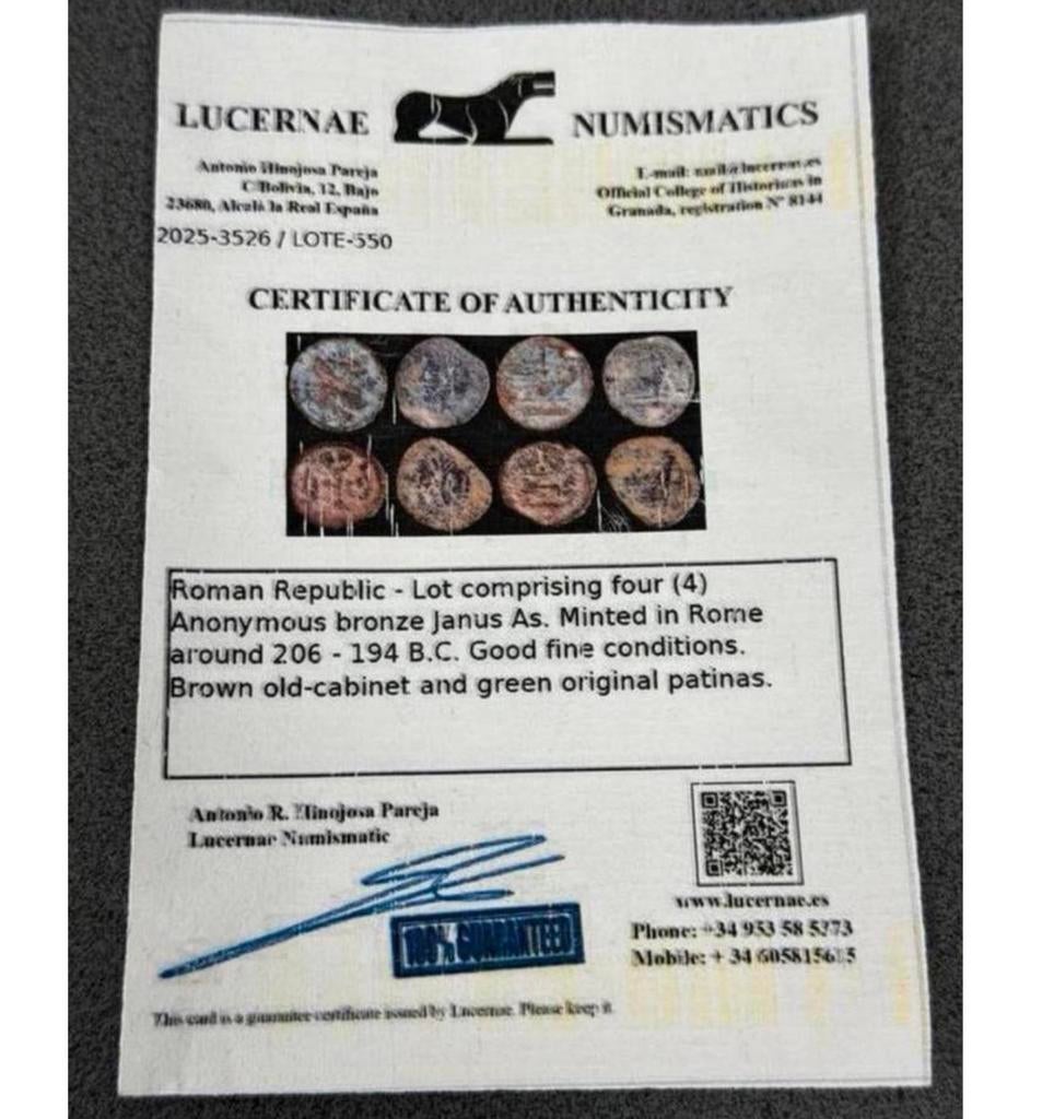 Monnaies romaines 4 pièces Janus Ash 206-194 BC + certificat, Enlèvement ou Envoi