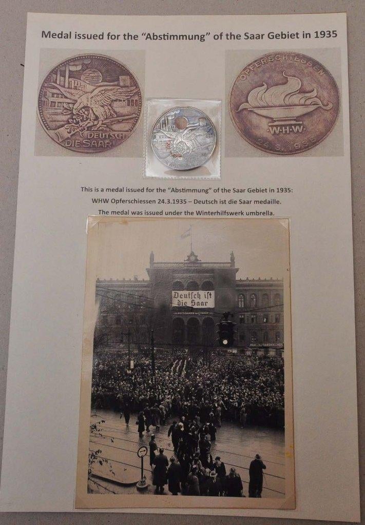 'Abstimmung' Saar gebied 1935, munt + foto's, postkaart., Verzamelen, Ophalen of Verzenden, Overige soorten, Embleem of Badge