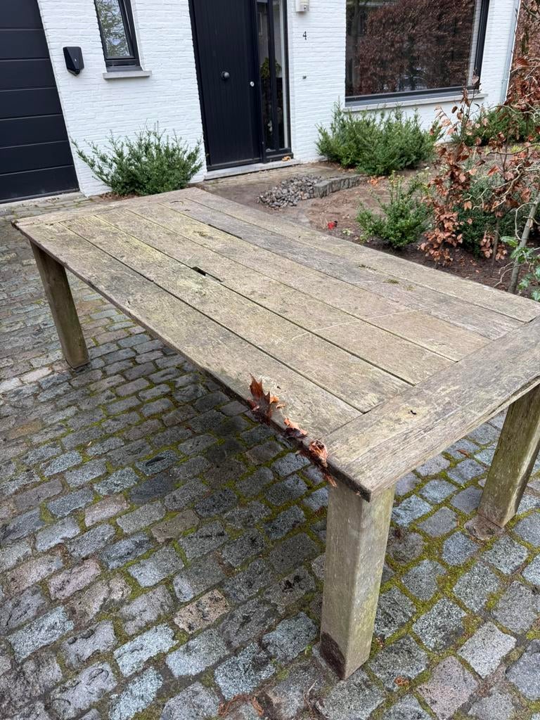 Verweerde teak tafel buiten - gratis, Tuin en Terras, Ophalen, Gebruikt, Rechthoekig, Teakhout