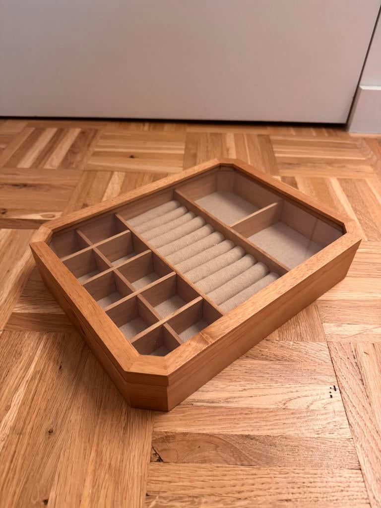 Houten juwelendoos met vakjes, Huis en Inrichting, Woonaccessoires | Kisten, Ophalen, Zo goed als nieuw