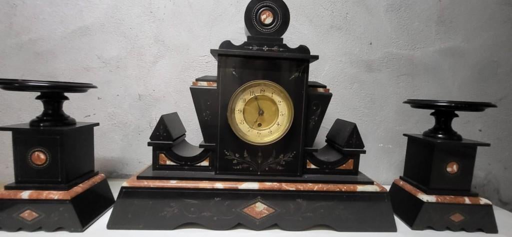 Marmeren zwart schouwstuk Antiek met kandelaars, Ophalen, Overige materialen