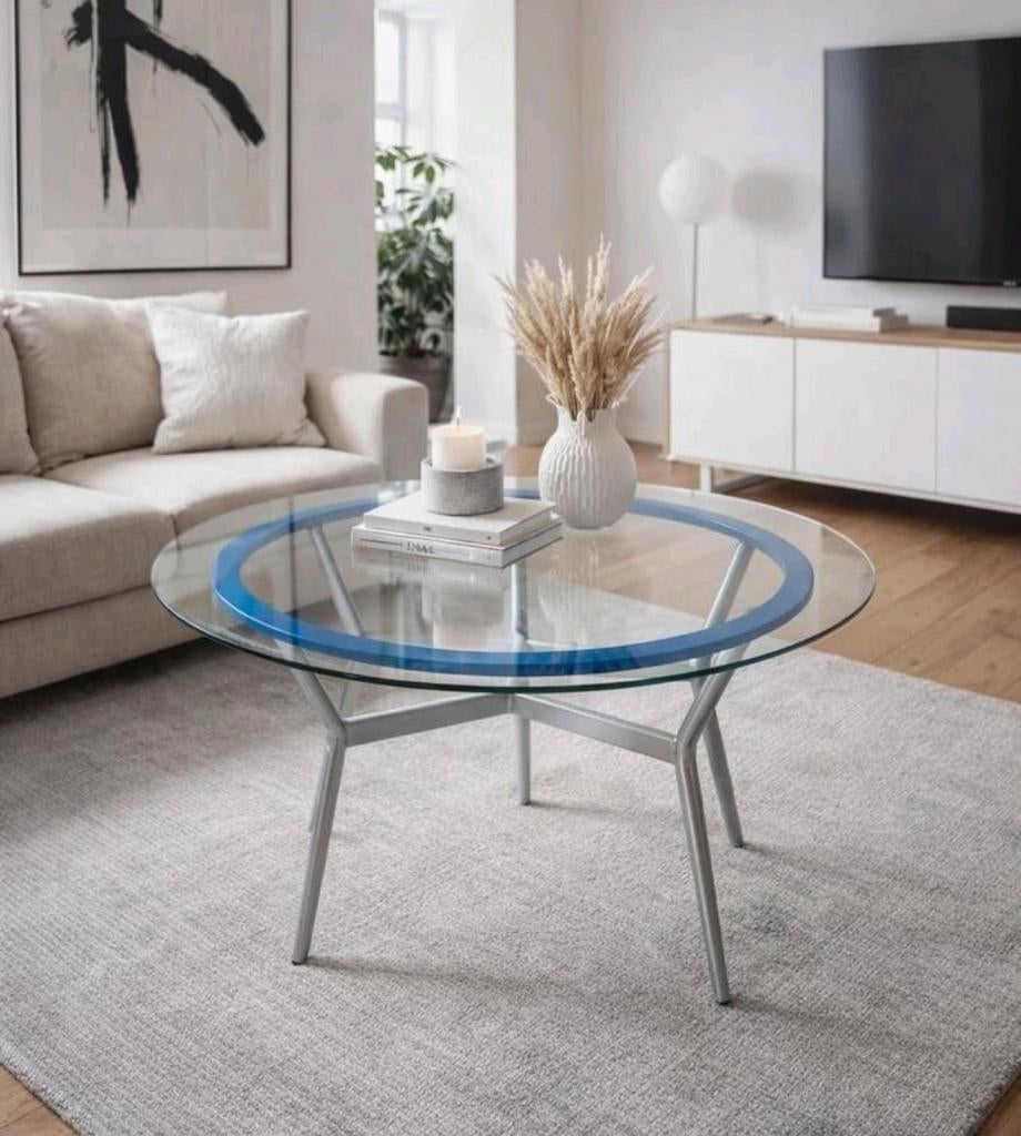 Design tafel glas metaal met blauw accent, Ophalen, Glas