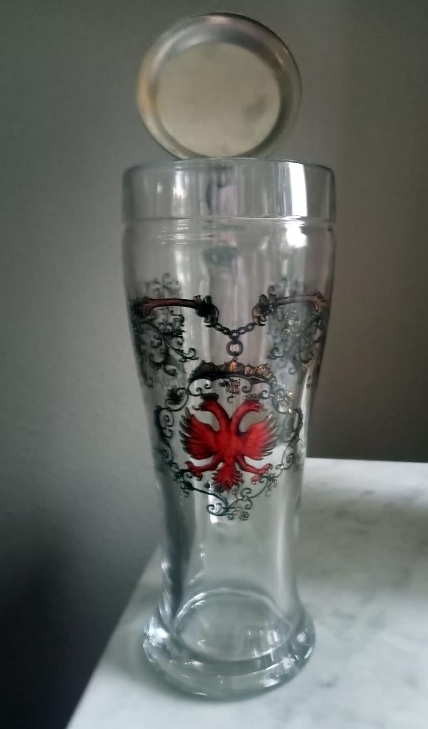 Antieke Glazen Zwitserse Zinn Bierpul met tinnen deksel., Ophalen of Verzenden, Zo goed als nieuw