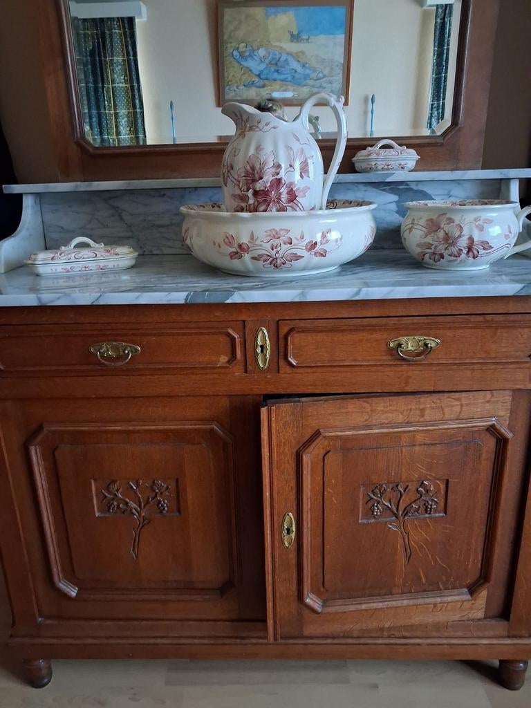 Kast met spiegel, commode, wastafel met marmer blad, Ophalen