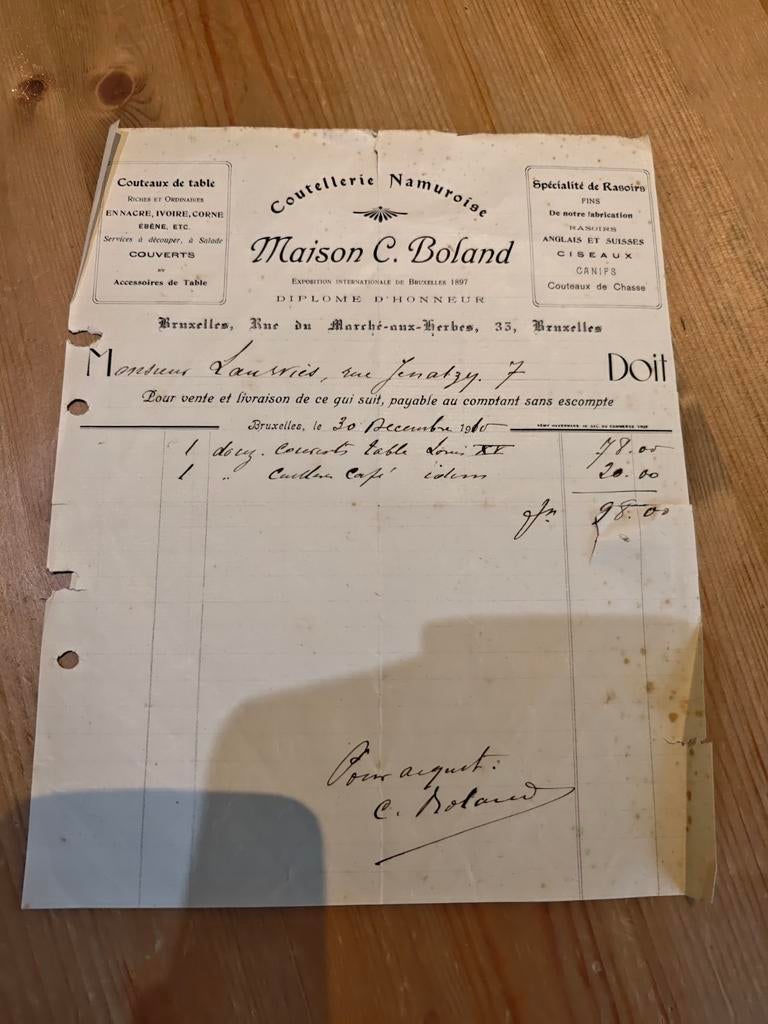 Ancienne facture coutellerie, Antiek en Kunst