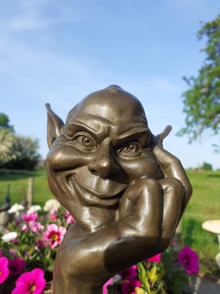 Troll, de slimme bronzen goblin gesigneerd op een marmeren s, Ophalen of Verzenden, Brons