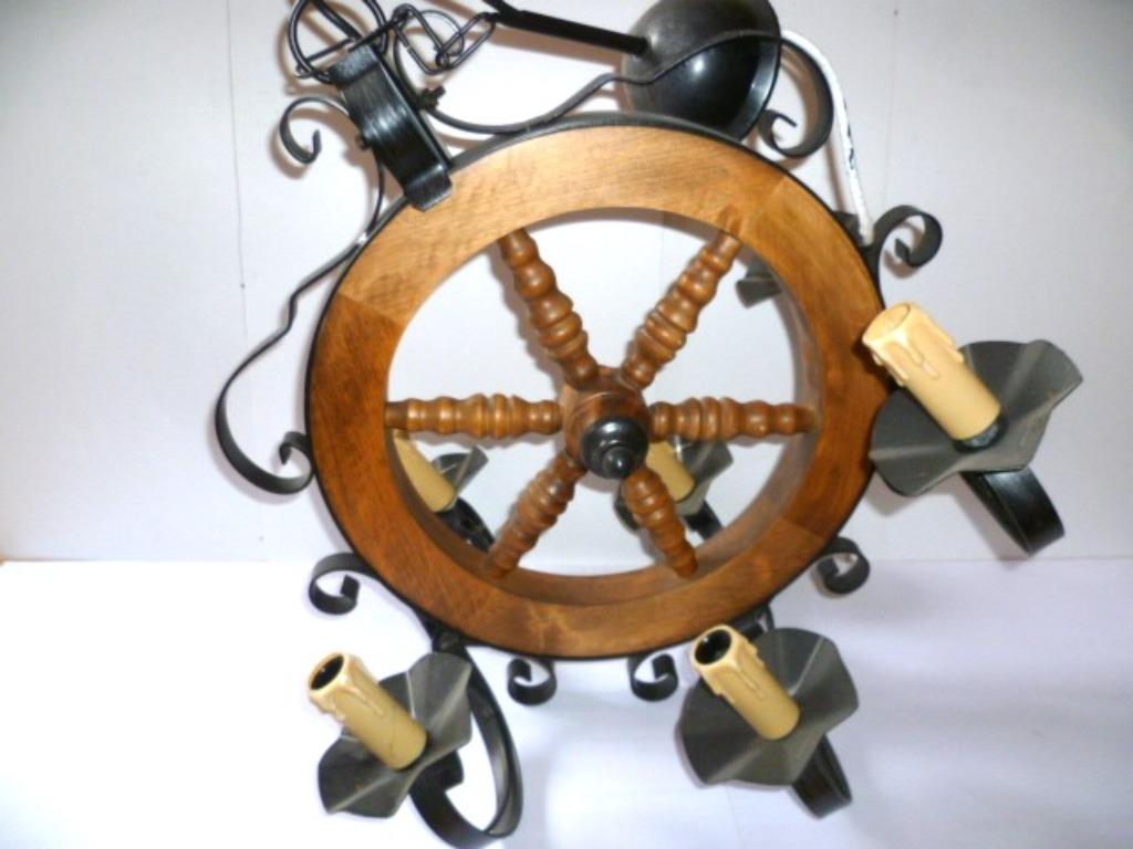 Lustre 6 branches vintage en chêne, Maison & Meubles, Enlèvement, Utilisé, Bois, Vintage