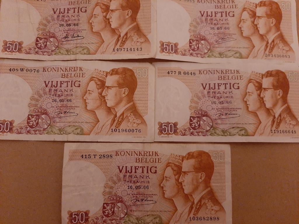 België: 5 biljetten 50 Bfr 16.05.1966. geen scheurtjes, Postzegels en Munten, Bankbiljetten | België, Verzenden, Setje