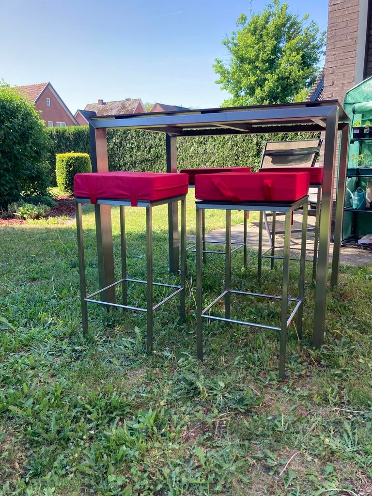 Hoge bartafel trespablad en inox met krukken en kussens, Tuin en Terras, Tuinsets en Loungesets, Zo goed als nieuw, Tuinset, Inox