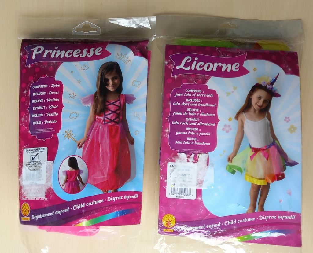 Prinses (8-10 jaar) en eenhoornkostuum (4-6 jaar),, Kleding | Dames, Ophalen, Zo goed als nieuw