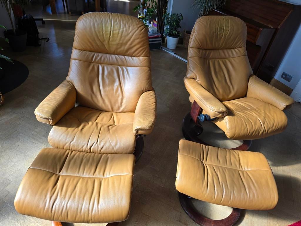 2 Stressless Reno fauteuils (Noorwegen Ekornes) Leer, Huis en Inrichting, Fauteuils, Leer