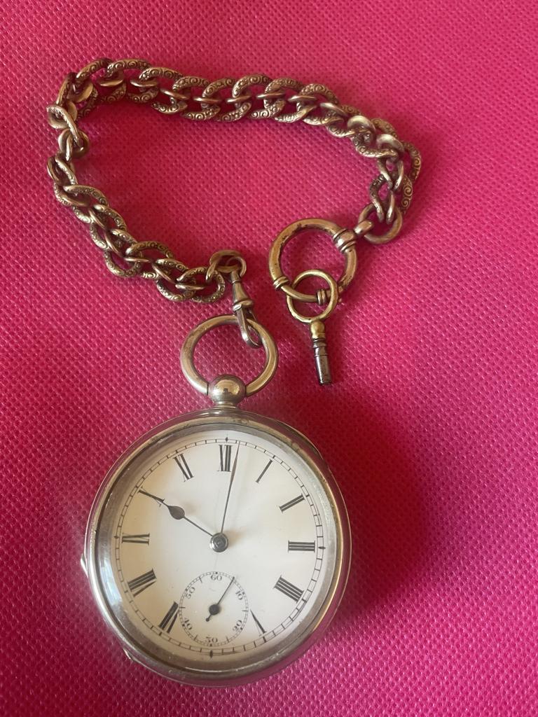 Engels zilveren zakhorloge, Handtassen en Accessoires, Verzenden, Zakhorloge, Met ketting