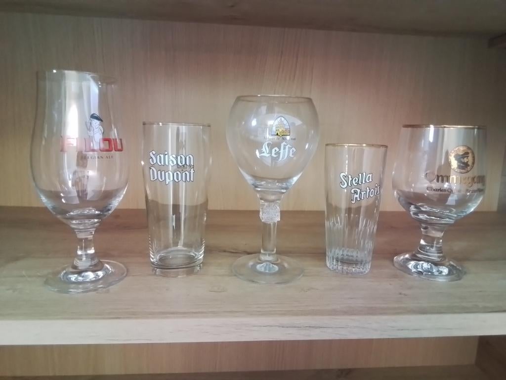 5 bierglazen: Saison Dupont, Filou, Leffe, Stella Artois..., Verzamelen, Ophalen of Verzenden, Gebruikt, Leffe