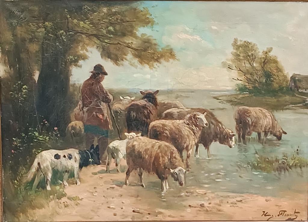 Henry Schouten (1860-1927): Schaapherder (O/D, 75 x 60 cm), Ophalen of Verzenden