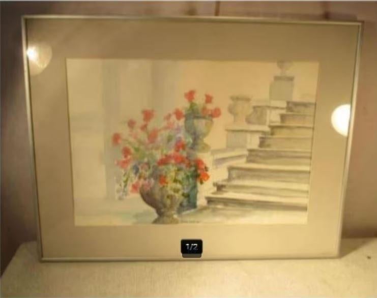 Mooi geschilderd Aquarel 'Bloemen bij Trap' - Erica Oort, Ophalen of Verzenden