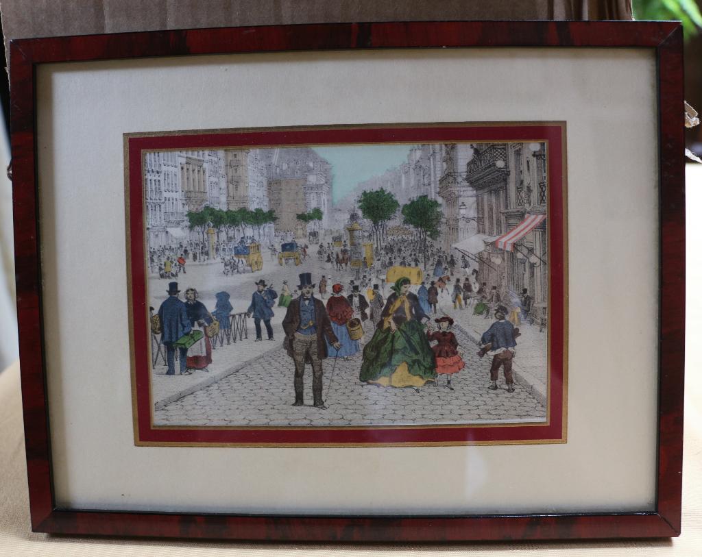 antieke hand ingekleurde ets of litho, scène uit 19de E, Antiek en Kunst, Ophalen of Verzenden