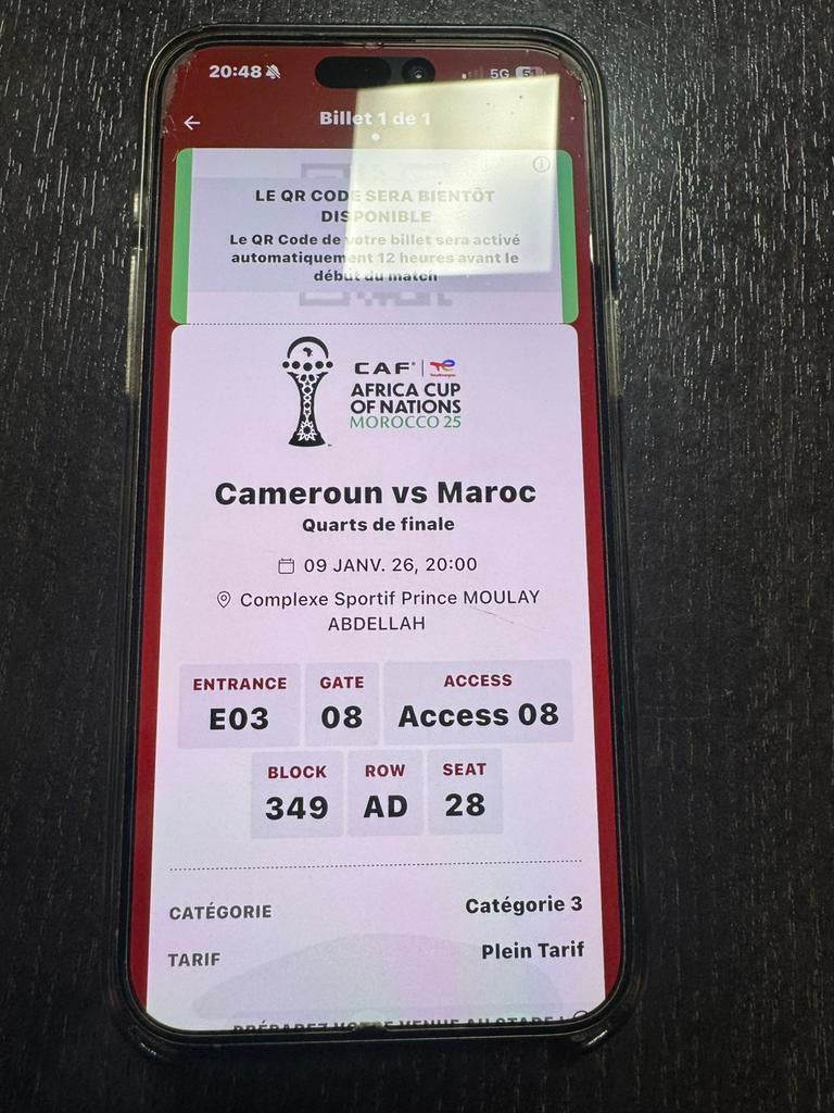 Billets à vendre CAF Maroc vs Cameroun, Enlèvement ou Envoi, Comme neuf